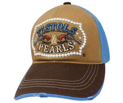 Show your inner 1791 roots with this Embroidered Trucker Cap! The Tan twill front and Blue mesh back feature graphic Pistols and Pearls some Bling in a Belt shape with a Brown stitched bill, plus an adjustable snap strap to perfectly fit any size head. Take a short trip outside Nashville to our Smyrna, TN shop and get yours now!  COLOR: TAN/BLUE/BROWN