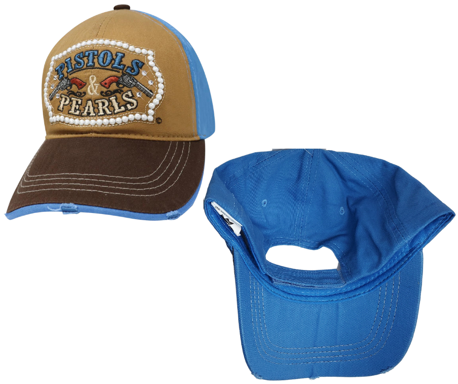 Show your inner 1791 roots with this Embroidered Trucker Cap! The Tan twill front and Blue mesh back feature graphic Pistols and Pearls some Bling in a Belt shape with a Brown stitched bill, plus an adjustable snap strap to perfectly fit any size head. Take a short trip outside Nashville to our Smyrna, TN shop and get yours now!  COLOR: TAN/BLUE/BROWN