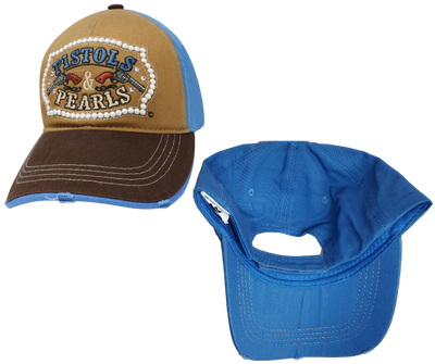 Show your inner 1791 roots with this Embroidered Trucker Cap! The Tan twill front and Blue mesh back feature graphic Pistols and Pearls some Bling in a Belt shape with a Brown stitched bill, plus an adjustable snap strap to perfectly fit any size head. Take a short trip outside Nashville to our Smyrna, TN shop and get yours now!  COLOR: TAN/BLUE/BROWN