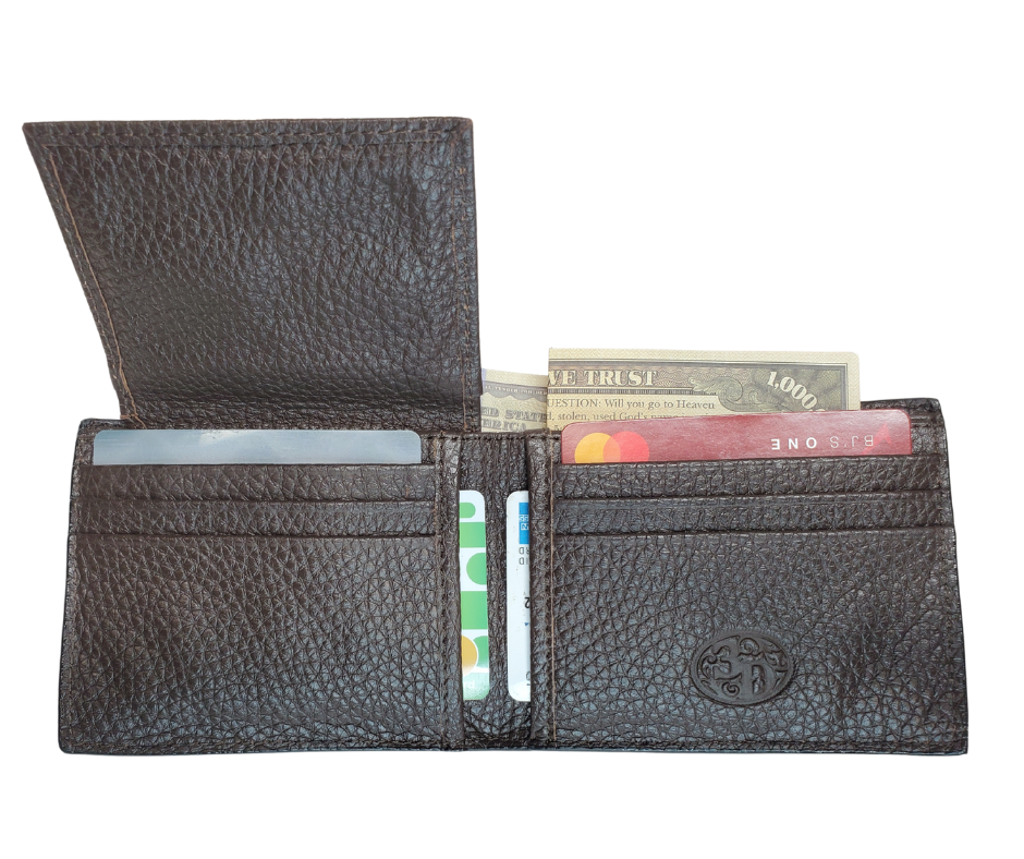 Leather Bi-fold style wallet with a traditional Tooled look with white Buck Lacing trim. Stocked at our Smyrna, TN shop not far from from downtown Nashville.
3D Leather Tri-fold Wallet Large Ace cards hand painted and spread across front with western scrolls and white lace.
Inside features a clear ID slot, credit card slots, and money slot.
Imported