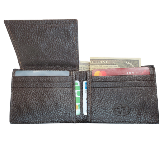 Leather Bi-fold style wallet with a traditional Tooled look with white Buck Lacing trim. Stocked at our Smyrna, TN shop not far from from downtown Nashville.
3D Leather Tri-fold Wallet Large Ace cards hand painted and spread across front with western scrolls and white lace.
Inside features a clear ID slot, credit card slots, and money slot.
Imported