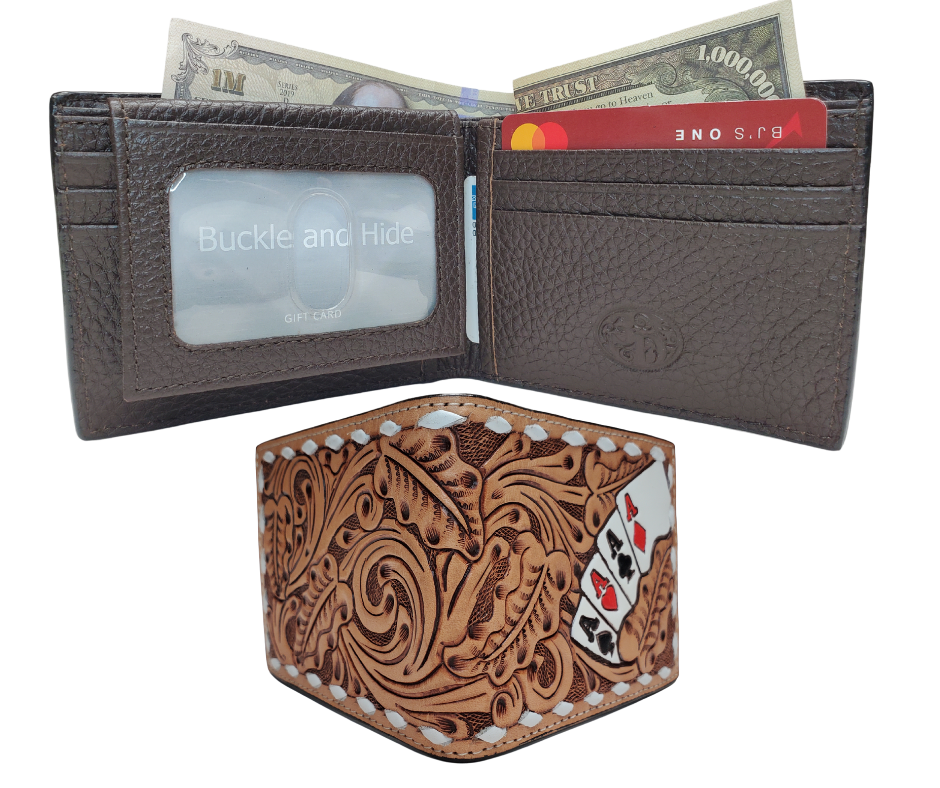 Leather Bi-fold style wallet with a traditional Tooled look with white Buck Lacing trim. Stocked at our Smyrna, TN shop not far from from downtown Nashville.
3D Leather Tri-fold Wallet Large Ace cards hand painted and spread across front with western scrolls and white lace.
Inside features a clear ID slot, credit card slots, and money slot.
Imported