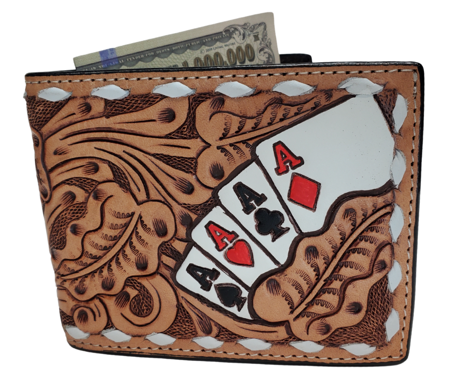 Leather Bi-fold style wallet with a traditional Tooled look with white Buck Lacing trim. Stocked at our Smyrna, TN shop not far from from downtown Nashville.
3D Leather Tri-fold Wallet Large Ace cards hand painted and spread across front with western scrolls and white lace.
Inside features a clear ID slot, credit card slots, and money slot.
Imported