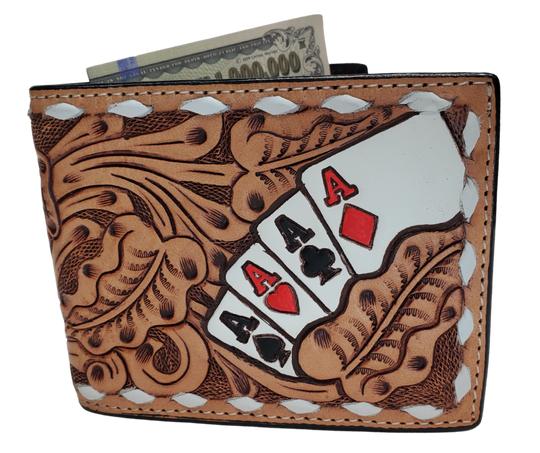 Leather Bi-fold style wallet with a traditional Tooled look with white Buck Lacing trim. Stocked at our Smyrna, TN shop not far from from downtown Nashville.
3D Leather Tri-fold Wallet Large Ace cards hand painted and spread across front with western scrolls and white lace.
Inside features a clear ID slot, credit card slots, and money slot.
Imported