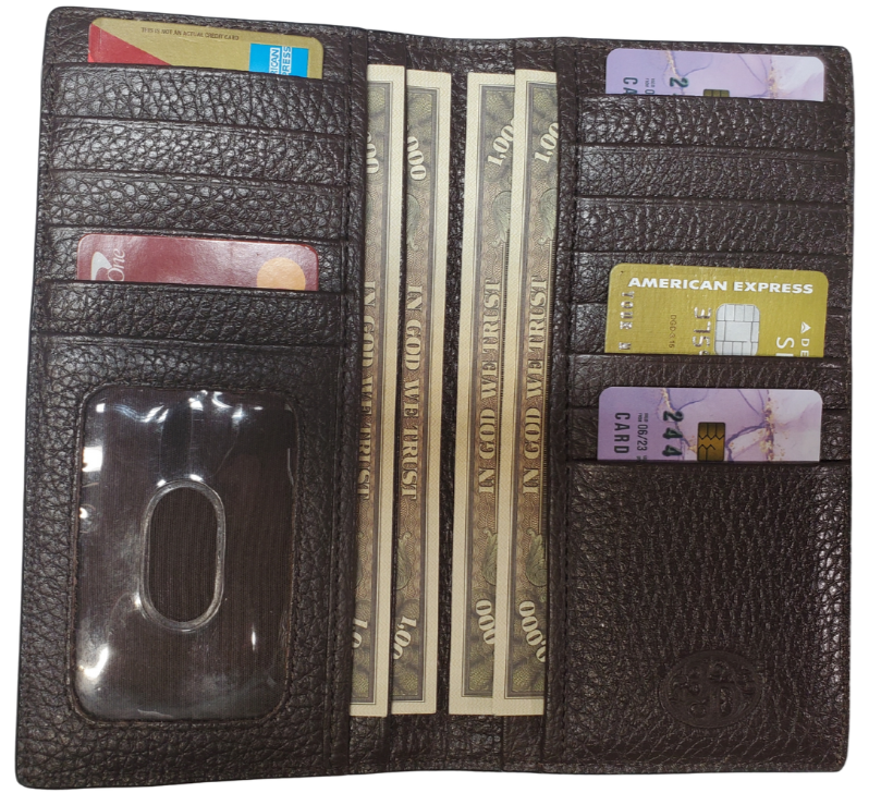 Know when to Hold'em with the Poker Face Long Roper style real Leather wallet. 13 C. card slots plus I.D. pocket, 4 bill slots for all your stuff and plus it looks really cool! Interior in dark brown pebble grain leather. Gamble on over our Smyrna, TN shop not far from wild downtown Nashville.