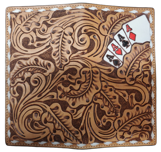 Know when to Hold'em with the Poker Face Long Roper style real Leather wallet. 13 C. card slots plus I.D. pocket, 4 bill slots for all your stuff and plus it looks really cool! Interior in dark brown pebble grain leather. Gamble on over our Smyrna, TN shop not far from wild downtown Nashville.