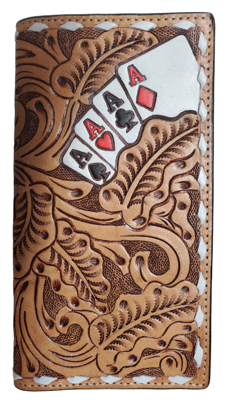 Know when to Hold'em with the Poker Face Long Roper style real Leather wallet. 13 C. card slots plus I.D. pocket, 4 bill slots for all your stuff and plus it looks really cool! Interior in dark brown pebble grain leather. Gamble on over our Smyrna, TN shop not far from wild downtown Nashville.