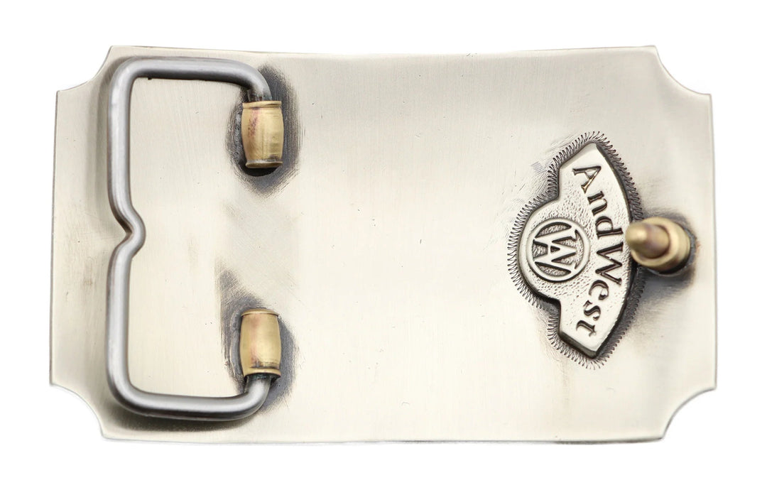A Primal Arrow was a go-to weapon for hunting and defense, showing focus, strength, and skill. Featuring a hammered backdrop with a feathered arrow as the centerpiece. Each corner of this rectangle buckle appears to have been scooped out. Make a statement with this simple yet classic buckle, a great complement to many styles. Measuring about 2 1/2"x 3 3/4", it suits belts up to 1 3/4" wide. Swing by our Smyrna, TN shop to grab yours!
