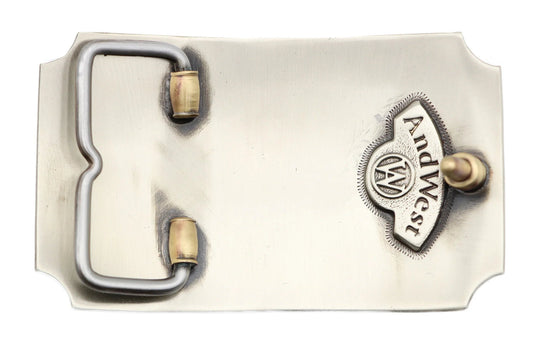 A Primal Arrow was a go-to weapon for hunting and defense, showing focus, strength, and skill. Featuring a hammered backdrop with a feathered arrow as the centerpiece. Each corner of this rectangle buckle appears to have been scooped out. Make a statement with this simple yet classic buckle, a great complement to many styles. Measuring about 2 1/2"x 3 3/4", it suits belts up to 1 3/4" wide. Swing by our Smyrna, TN shop to grab yours!