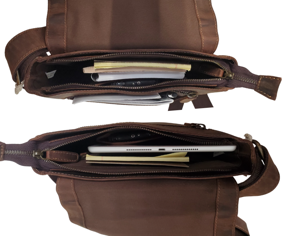 The Administrator Tablet Bag includes an adjustable leather strap strengthened by cotton webbing plus a bonus back zip pocket. Hidden under the flap's magnetic snap closure is a main zippered compartment, small zipper inside pocket, open phone pocket. Durable fabric lines the spacious interior, ensuring safe storage for all your essentials. Discover it at our Smyrna, TN store, conveniently located near Nashville.