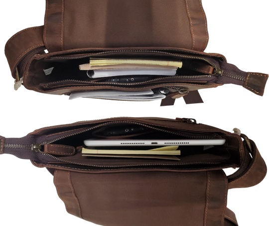 The Administrator Tablet Bag includes an adjustable leather strap strengthened by cotton webbing plus a bonus back zip pocket. Hidden under the flap's magnetic snap closure is a main zippered compartment, small zipper inside pocket, open phone pocket. Durable fabric lines the spacious interior, ensuring safe storage for all your essentials. Discover it at our Smyrna, TN store, conveniently located near Nashville.