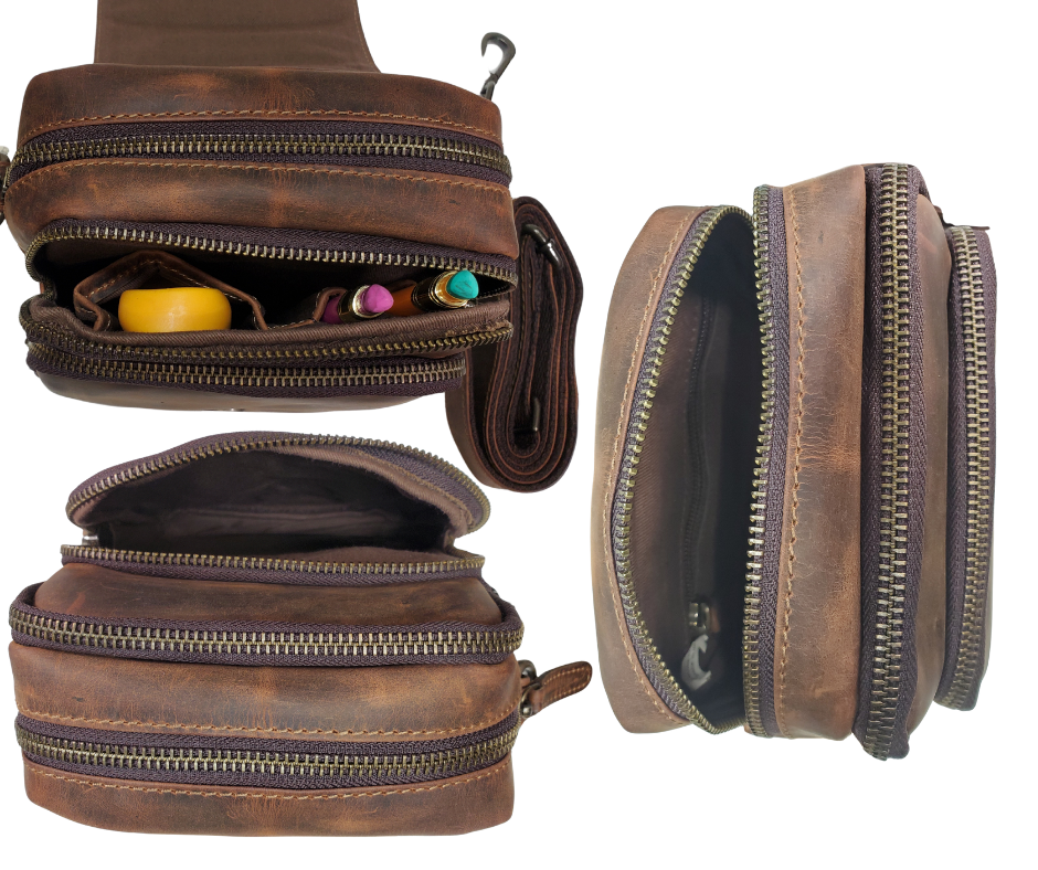 The Pamala Crossbody has 3 zippered compartments and a detachable strap. The small pocket is open, the middle section has 2 pen slots, 1 small pocket, the large pocket has 1 extra zippered pocket. The Flap is secured with a magnetic clasp. It also may slipped on a belt. Currently in stock at our Smyrna, TN shop a rideshare away from Murfreesboro.