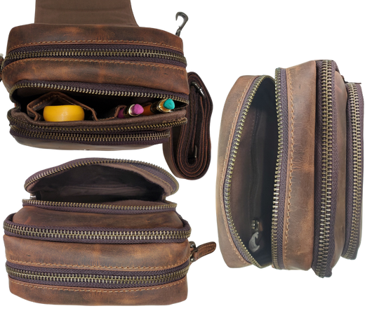The Pamala Crossbody has 3 zippered compartments and a detachable strap. The small pocket is open, the middle section has 2 pen slots, 1 small pocket, the large pocket has 1 extra zippered pocket. The Flap is secured with a magnetic clasp. It also may slipped on a belt. Currently in stock at our Smyrna, TN shop a rideshare away from Murfreesboro.