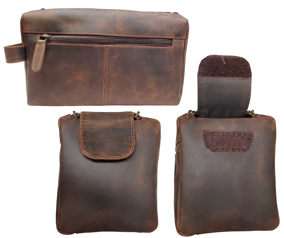 The Representative, a Distressed Brown Leather traveling Dopp bag, is available at our Smyrna, TN shop not far from Nashville. It has one outside zip pocket, side handle, and a two-zipper & closure with hook-and-loop securing the end. Spacious main compartment with a zip pocket on one side and three elastic loops on the other side. Lined with a slick fabric.
Bag size: 9.25” x 3.5” x 5.5”