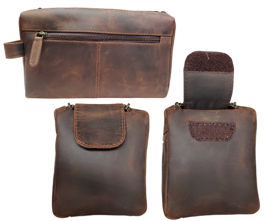 The Representative, a Distressed Brown Leather traveling Dopp bag, is available at our Smyrna, TN shop not far from Nashville. It has one outside zip pocket, side handle, and a two-zipper & closure with hook-and-loop securing the end. Spacious main compartment with a zip pocket on one side and three elastic loops on the other side. Lined with a slick fabric.
Bag size: 9.25” x 3.5” x 5.5”