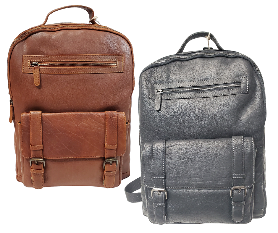 The Educator, a sturdy Leather backpack is available at our Smyrna, TN shop not far from Nashville. It has one front zip pocket, a front pouch that closes by a flap with clasps
accented with decorative adjustable straps. A forward main compartment that zips closed and contains a narrow inside open pocket for glasses, pencils, or phone, and is topped with a leather handle.