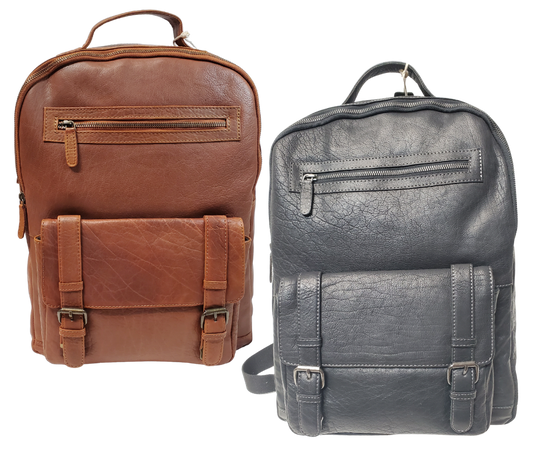 The Educator, a sturdy Leather backpack is available at our Smyrna, TN shop not far from Nashville. It has one front zip pocket, a front pouch that closes by a flap with clasps
accented with decorative adjustable straps. A forward main compartment that zips closed and contains a narrow inside open pocket for glasses, pencils, or phone, and is topped with a leather handle.