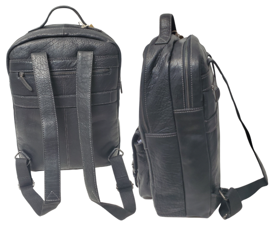 The Educator, a sturdy Leather backpack is available at our Smyrna, TN shop not far from Nashville. It has one front zip pocket, a front pouch that closes by a flap with clasps
accented with decorative adjustable straps. A forward main compartment that zips closed and contains a narrow inside open pocket for glasses, pencils, or phone, and is topped with a leather handle.