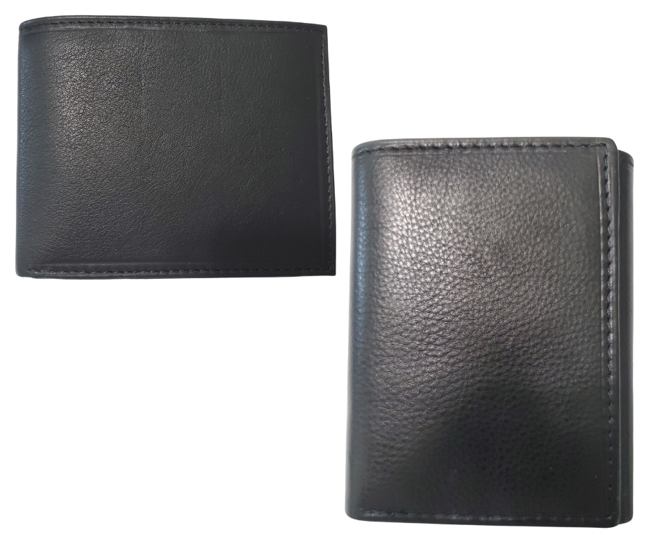 RFID protected Bi or Tri fold in Classic Black. Card slots, underside pockets and I.D. flap PLUS divided cash pockets. Imported, Great Value, and Buckle and Hide approved! Stocked at our Smyrna, TN shop.  Trifold specs- 4 1/2"x 3 1/4" folded, 2 cash slots, 6 CC slots, 1 I.D. slot, 2 underside pockets  Bi-Fold specs - 4 1/4"x 3 1/2" folded, 2 cash slots, 5 CC slots, 1 I.D. slot, 2 underside pockets