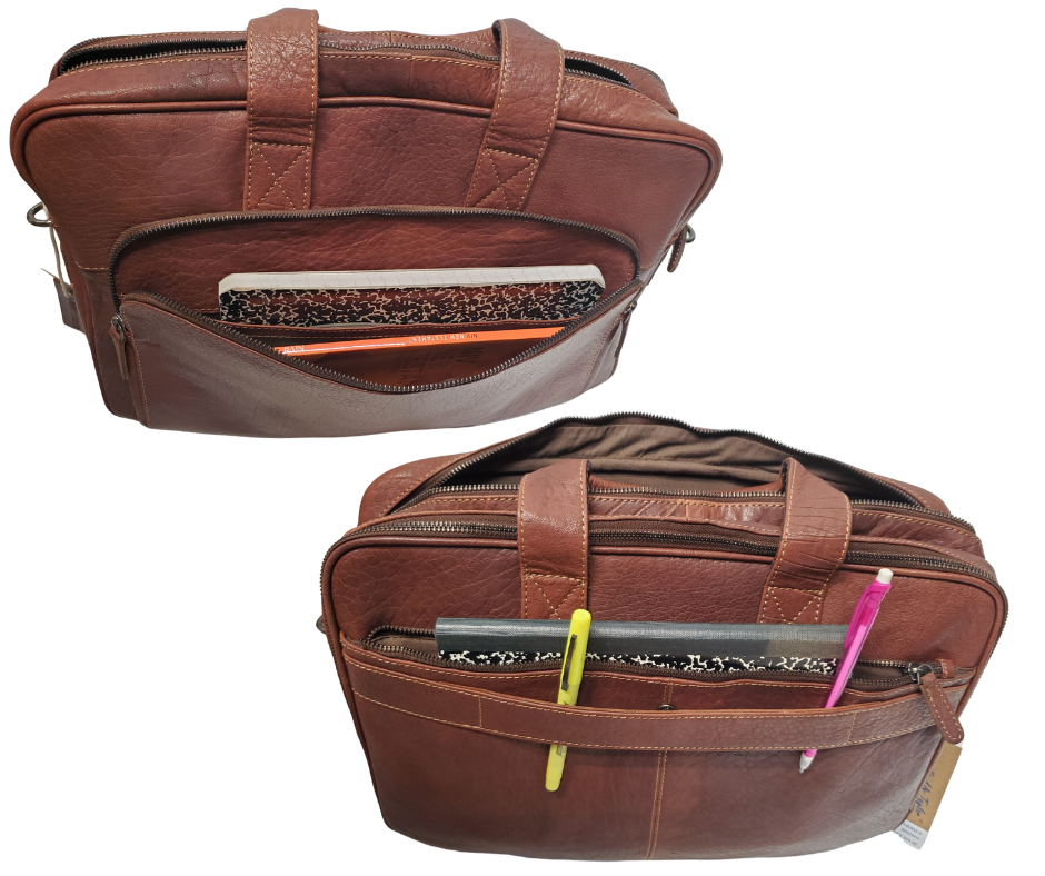 The Colonel Leather Laptop Bag is a no-frills bag that's perfect for the daily hustle. Crafted from buttery soft pebble grain leather, it only gets better with age. With a spacious main pocket, computer sleeve, and room for paperwork and snacks, it's got your weekday needs covered. Power cords? No problem! Just stash them in one of the two outside zippered pockets. And for ultimate convenience, it comes with an adjustable shoulder strap. Swing by our Smyrna, TN shop and snag one today!