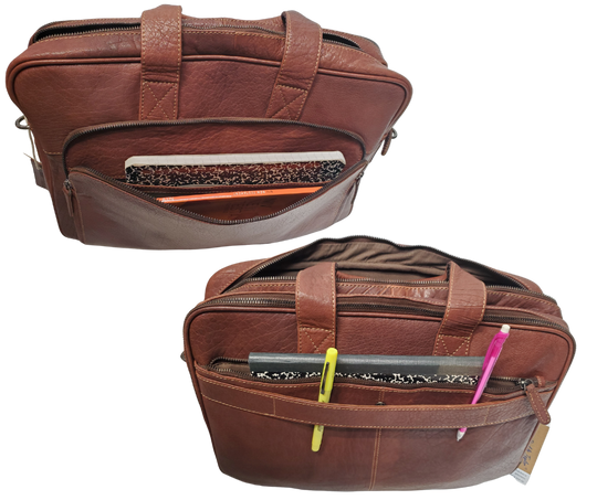 The Colonel Leather Laptop Bag is a no-frills bag that's perfect for the daily hustle. Crafted from buttery soft pebble grain leather, it only gets better with age. With a spacious main pocket, computer sleeve, and room for paperwork and snacks, it's got your weekday needs covered. Power cords? No problem! Just stash them in one of the two outside zippered pockets. And for ultimate convenience, it comes with an adjustable shoulder strap. Swing by our Smyrna, TN shop and snag one today!