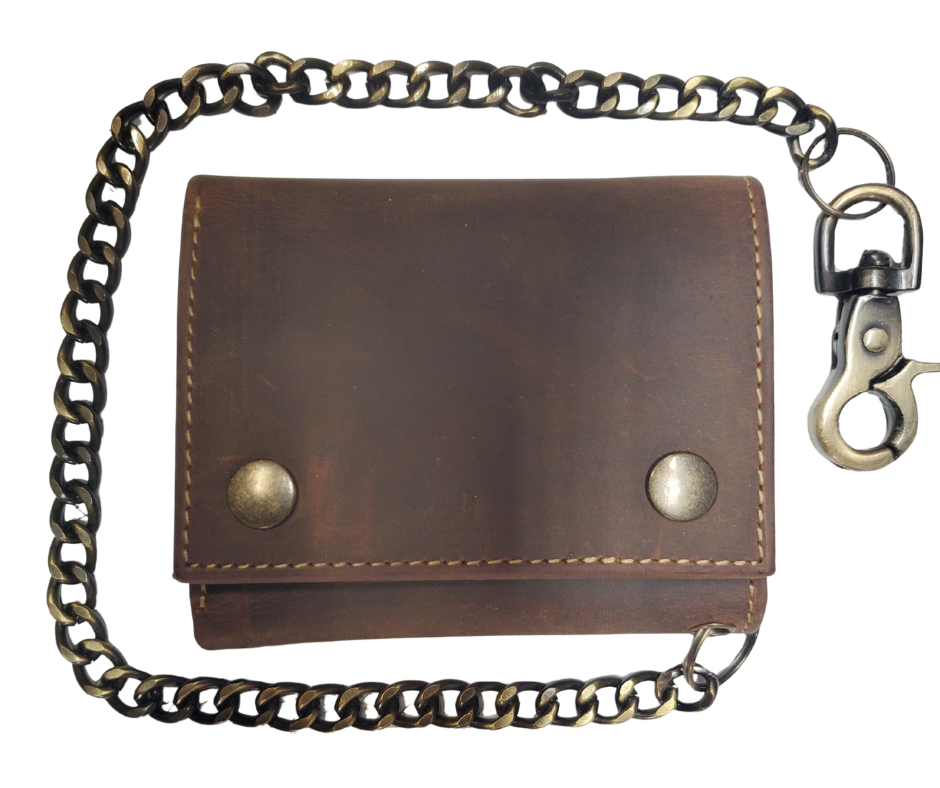 Popular Distressed brown RFID Secure Tri-fold Chain Wallet. 2 cash slots, 4 card slots, I.D. slot, zippered pocket for all your stash. Will darken with a nice patina with use. It's imported but it's Buckle and Hide approved. Standard tri-fold size.
