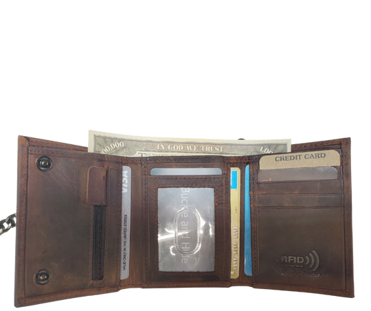 Inside view. Popular Distressed brown RFID Secure Tri-fold Chain Wallet. 2 cash slots, 4 card slots, I.D. slot, zippered pocket for all your stash. Will darken with a nice patina with use. It's imported but it's Buckle and Hide approved. Standard tri-fold size.