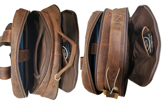 The Governor Leather Backpack is a Classic bag that can carry everything you need for a busy week. Crafted from Distressed leather that will gain a vintage look over time. It features 2 main zippered compartments, a laptop sleeve, space for documents. The magnetic clasp pocket in the front is perfect for power cords. Plus, the adjustable shoulder straps make for a comfortable fit. The back strap easily slides onto your carryon for stress-free travel. Swing by our Smyrna, TN location and snag yours today!
