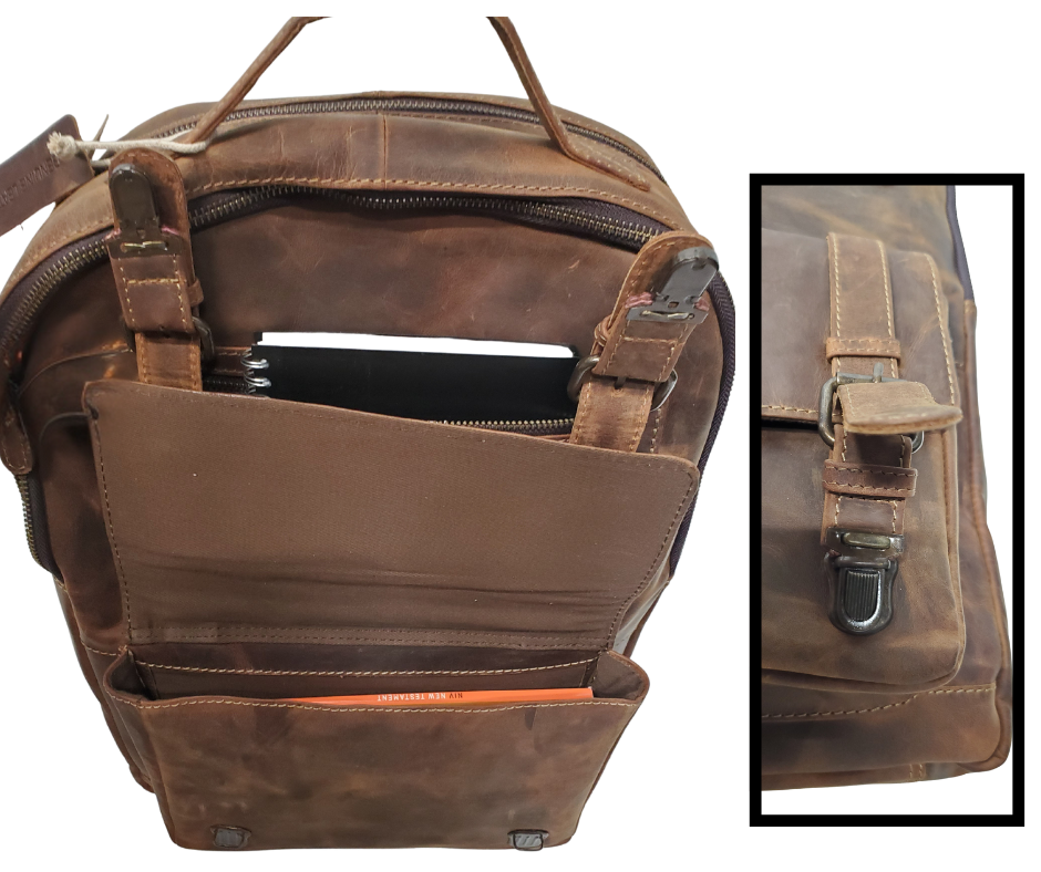 The Governor Leather Backpack is a Classic bag that can carry everything you need for a busy week. Crafted from Distressed leather that will gain a vintage look over time. It features 2 main zippered compartments, a laptop sleeve, space for documents. The magnetic clasp pocket in the front is perfect for power cords. Plus, the adjustable shoulder straps make for a comfortable fit. The back strap easily slides onto your carryon for stress-free travel. Swing by our Smyrna, TN location and snag yours today!