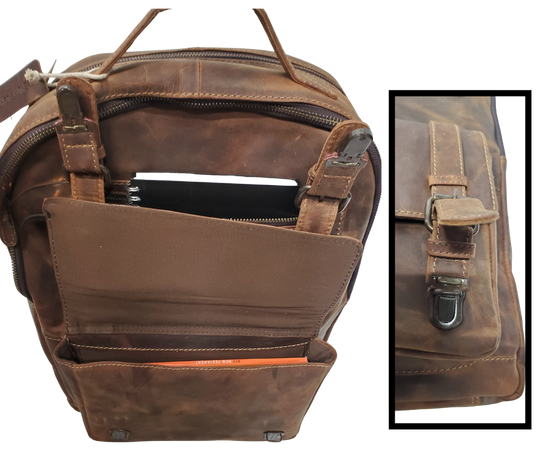 The Governor Leather Backpack is a Classic bag that can carry everything you need for a busy week. Crafted from Distressed leather that will gain a vintage look over time. It features 2 main zippered compartments, a laptop sleeve, space for documents. The magnetic clasp pocket in the front is perfect for power cords. Plus, the adjustable shoulder straps make for a comfortable fit. The back strap easily slides onto your carryon for stress-free travel. Swing by our Smyrna, TN location and snag yours today!