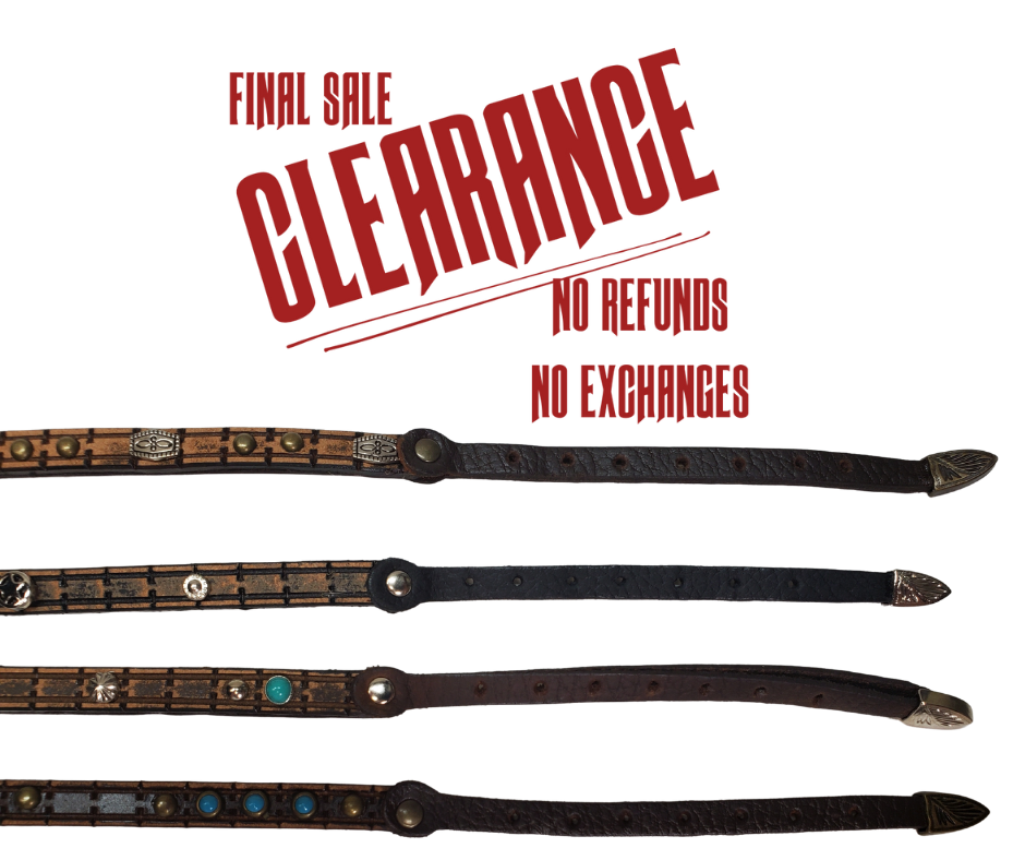 These hatbands are approx. 1/4" to 3/16" wide with a 3 piece buckle set. Asst. styles. Just a few left in our Smyrna, Tn shop.