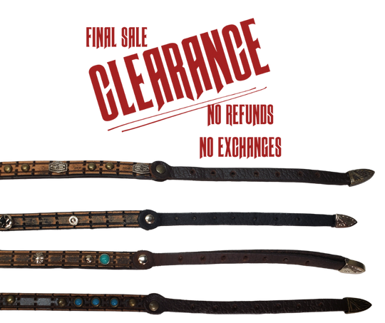 These hatbands are approx. 1/4" to 3/16" wide with a 3 piece buckle set. Asst. styles. Just a few left in our Smyrna, Tn shop.
