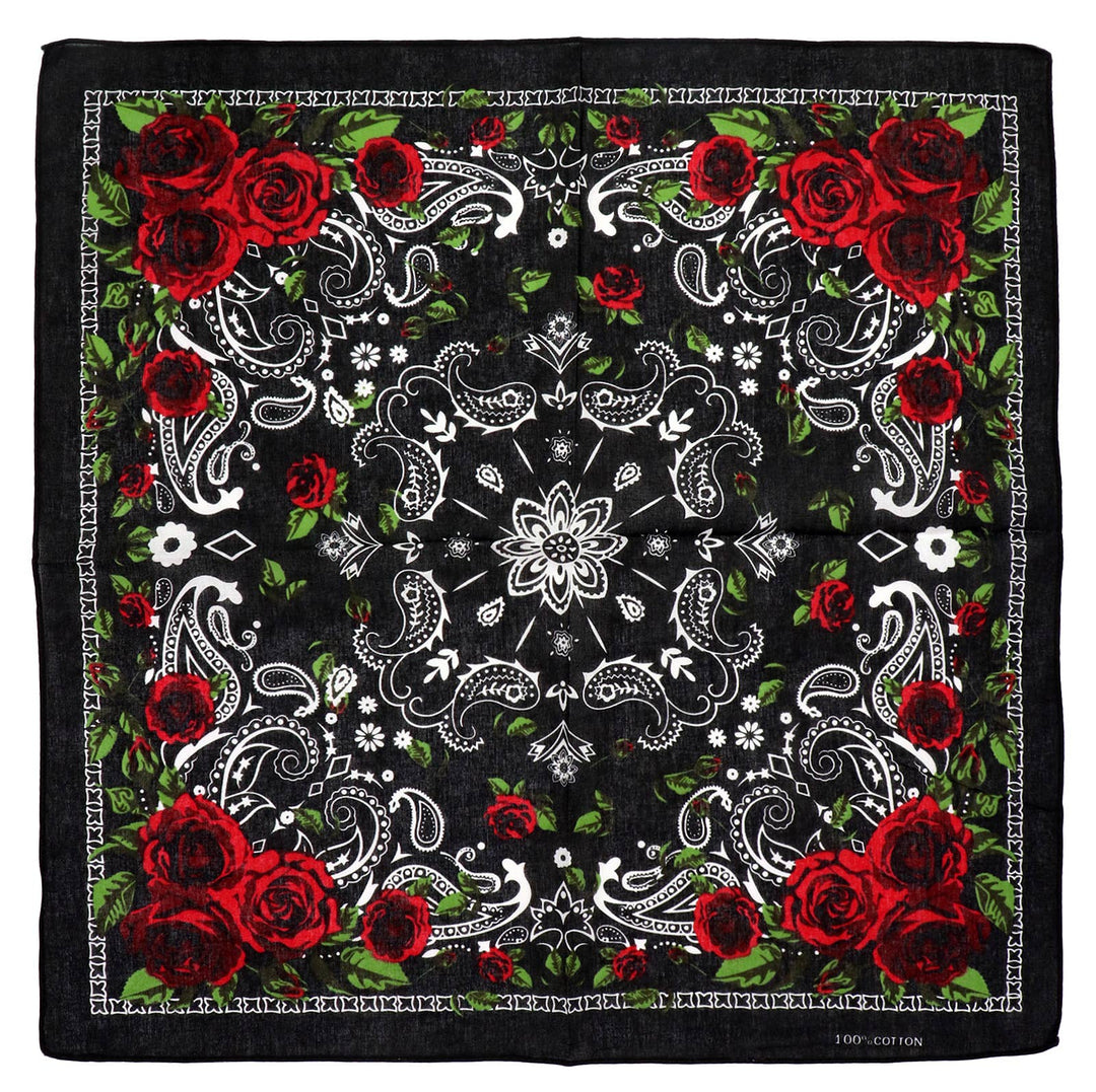 Paisley Rose Floral Print Cotton Square Bandana. Our bandanas are fashion chameleon that can be worn as a stylish and versatile head wrap, a protective face mask, or a classic hanky scarf. In Stock at our Smyrna, TN shop not far from Murfreesboro.

Dimensions: 21.5" * 21.5" (55 cm * 55 cm)
100% Cotton