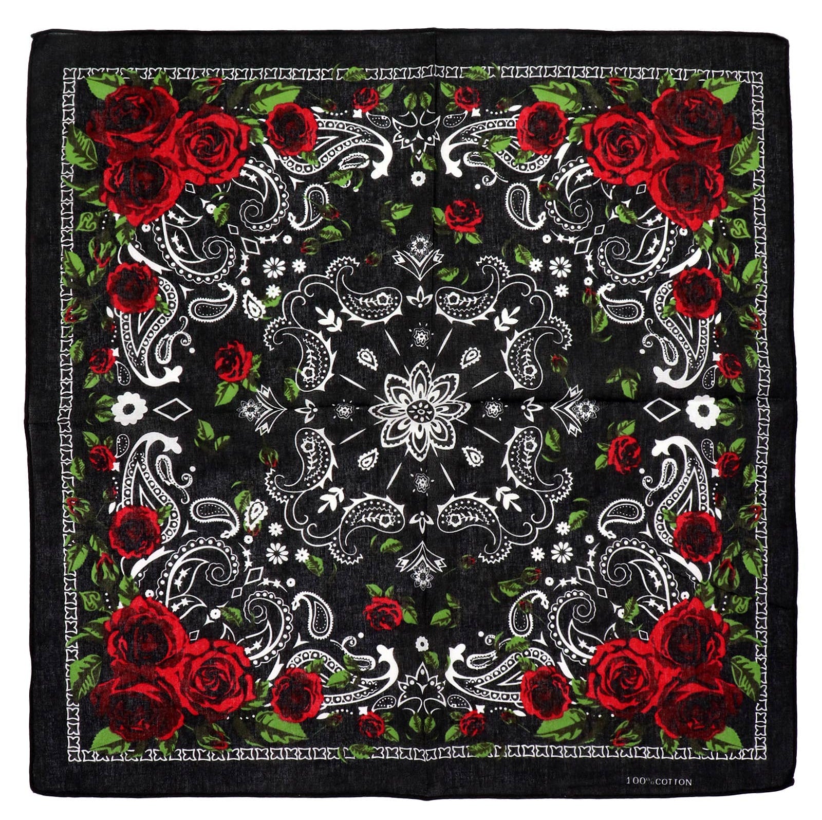 Paisley Rose Floral Print Cotton Square Bandana. Our bandanas are fashion chameleon that can be worn as a stylish and versatile head wrap, a protective face mask, or a classic hanky scarf. In Stock at our Smyrna, TN shop not far from Murfreesboro.

Dimensions: 21.5" * 21.5" (55 cm * 55 cm)
100% Cotton