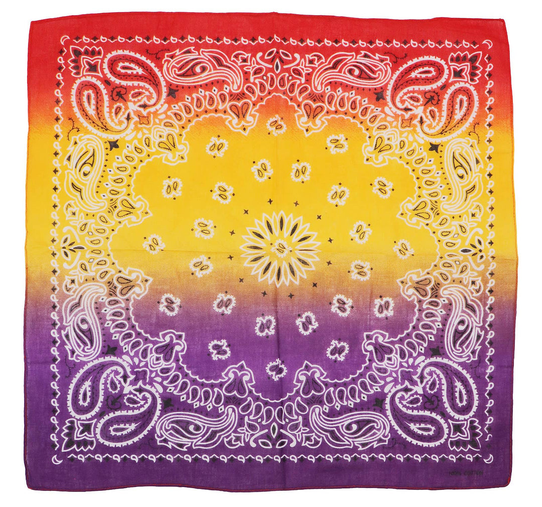 Paisley Sunset Ombre Gradient Print Light-Weight Square Cotton Bandana - This vibrant ombre bandana blends red yellow and purple with a classic paisley print offering a bold yet timeless look. Made from lightweight cotton, it is perfect as a versatile head wrap, face mask, or hanky scarf, adding effortless style to any outfit. In Stock at our Smyrna, TN shop not far from Murfreesboro.

Dimensions: 20.5" * 20.5" * 0.1"
100% Cotton