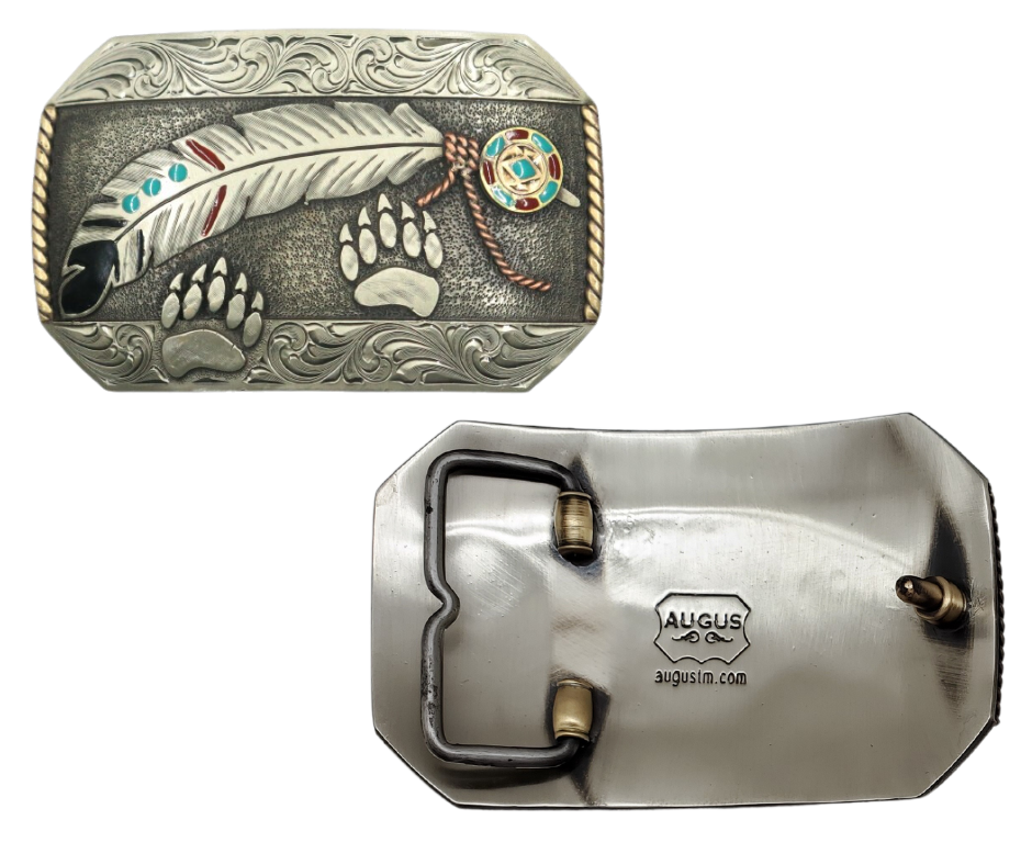 The Path Finder buckle is handmade from German Silver (nickel and brass alloy) or iron metal base. Our products are all handcrafted. In order to give you the quality and long lasting final product we also plate each piece with copper, nickel and silver to ensure the piece&