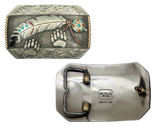 The Path Finder buckle is handmade from German Silver (nickel and brass alloy) or iron metal base. Our products are all handcrafted. In order to give you the quality and long lasting final product we also plate each piece with copper, nickel and silver to ensure the piece&