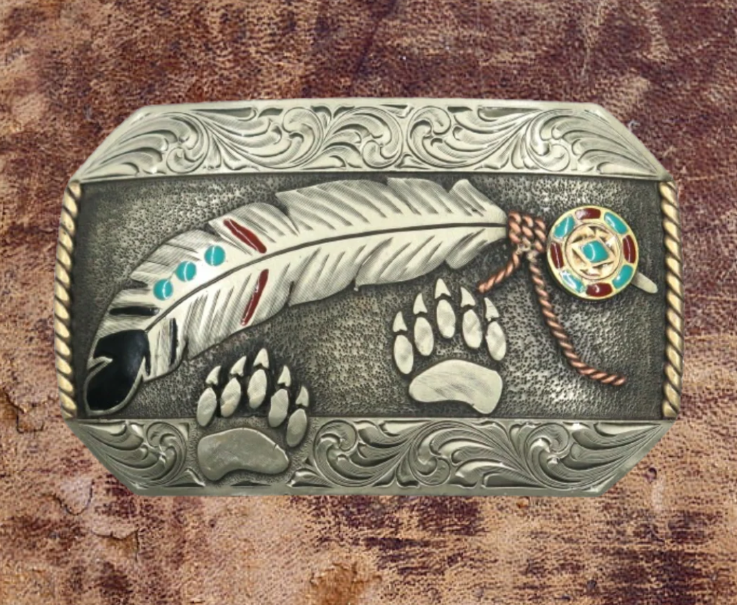 The Path Finder buckle is handmade from German Silver (nickel and brass alloy) or iron metal base. Our products are all handcrafted. In order to give you the quality and long lasting final product we also plate each piece with copper, nickel and silver to ensure the piece&