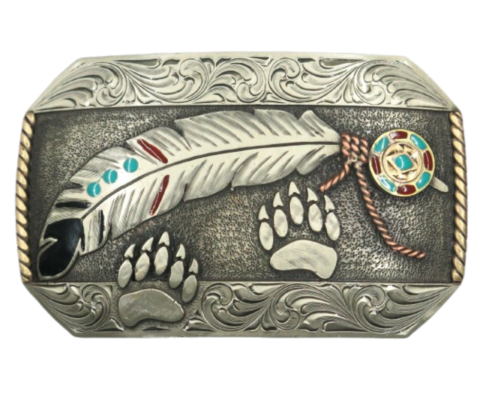 The Path Finder buckle is handmade from German Silver (nickel and brass alloy) or iron metal base. Our products are all handcrafted. In order to give you the quality and long lasting final product we also plate each piece with copper, nickel and silver to ensure the piece's long lasting qualities. Available at our Smyrna, TN shop just outside of Nashville. Made in Mexico by talented metal workers.

Approx. Width 4” Height 3”/ Standard Swivel fits 1.5” belts