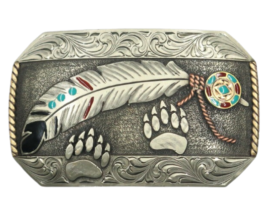 The Path Finder buckle is handmade from German Silver (nickel and brass alloy) or iron metal base. Our products are all handcrafted. In order to give you the quality and long lasting final product we also plate each piece with copper, nickel and silver to ensure the piece&