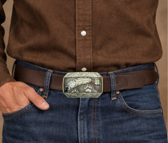 The Path Finder buckle is handmade from German Silver (nickel and brass alloy) or iron metal base. Our products are all handcrafted. In order to give you the quality and long lasting final product we also plate each piece with copper, nickel and silver to ensure the piece&