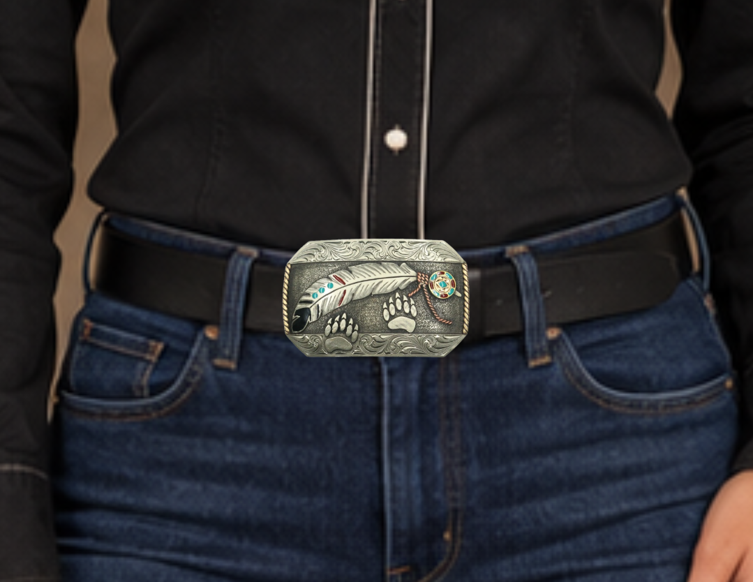 The Path Finder buckle is handmade from German Silver (nickel and brass alloy) or iron metal base. Our products are all handcrafted. In order to give you the quality and long lasting final product we also plate each piece with copper, nickel and silver to ensure the piece&