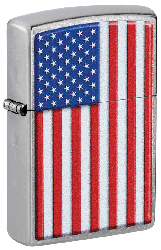 This Street Chrome™ windproof lighter featuring an American Flag was designed to be beautiful, brilliant, and work for you, guaranteed. All metal construction; windproof design works virtually anywhere. Refillable for a lifetime of use. Comes packaged in a gift box. Available in our Smyrna, TN shop.

Made in USA
Fuel: Zippo lighter fuel (sold separately)
Lighter Specs: Height: 2.25" Width: 0.5" Depth: 1.5" Weight: 2.0 oz
Lifetime guarantee that "it works or we fix it free™" Zippo contact info on gift box.