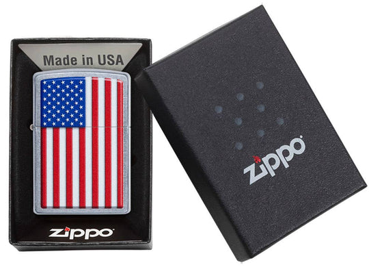 This Street Chrome™ windproof lighter featuring an American Flag was designed to be beautiful, brilliant, and work for you, guaranteed. All metal construction; windproof design works virtually anywhere. Refillable for a lifetime of use. Comes packaged in a gift box. Available in our Smyrna, TN shop.

Made in USA
Fuel: Zippo lighter fuel (sold separately)
Lighter Specs: Height: 2.25" Width: 0.5" Depth: 1.5" Weight: 2.0 oz
Lifetime guarantee that "it works or we fix it free™" Zippo contact info on gift box.