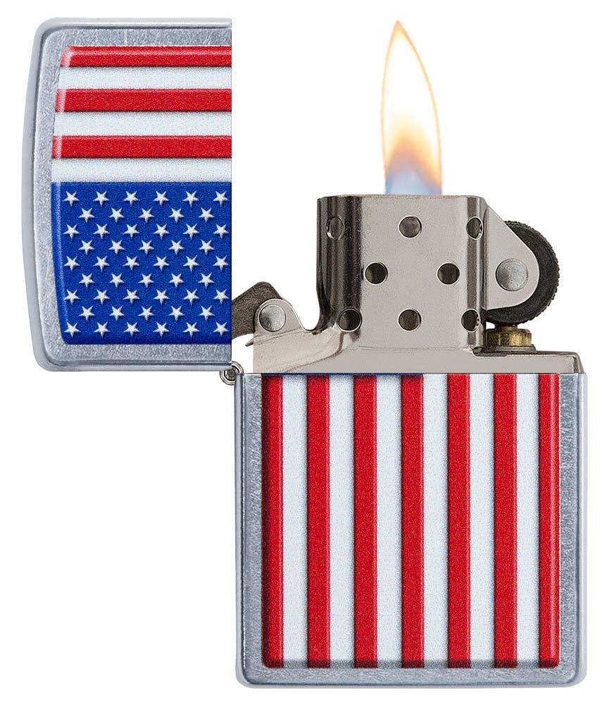 This Street Chrome™ windproof lighter featuring an American Flag was designed to be beautiful, brilliant, and work for you, guaranteed. All metal construction; windproof design works virtually anywhere. Refillable for a lifetime of use. Comes packaged in a gift box. Available in our Smyrna, TN shop.

Made in USA
Fuel: Zippo lighter fuel (sold separately)
Lighter Specs: Height: 2.25" Width: 0.5" Depth: 1.5" Weight: 2.0 oz
Lifetime guarantee that "it works or we fix it free™" Zippo contact info on gift box.