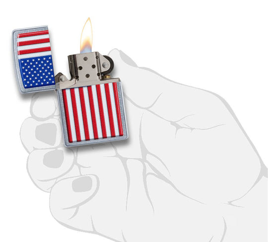This Street Chrome™ windproof lighter featuring an American Flag was designed to be beautiful, brilliant, and work for you, guaranteed. All metal construction; windproof design works virtually anywhere. Refillable for a lifetime of use. Comes packaged in a gift box. Available in our Smyrna, TN shop.

Made in USA
Fuel: Zippo lighter fuel (sold separately)
Lighter Specs: Height: 2.25" Width: 0.5" Depth: 1.5" Weight: 2.0 oz
Lifetime guarantee that "it works or we fix it free™" Zippo contact info on gift box.