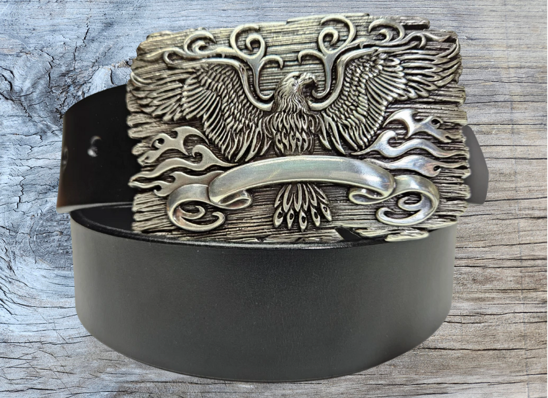 The Phoenix Belt Buckle Set brings to mind the resilience of never backing down. Antique silver color and ornate designs with the Eagle in the center. Choose a Black or Distressed solid leather belt. We stock them at our Smyrna, TN shop not far from Franklin.

Buckle Material: Zinc.
Buckle Size Approx. 3-3/4" x 2-3/4".
Fits 1-1/2"(38mm) wide belt strap.