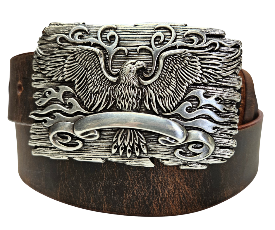 The Phoenix Belt Buckle Set brings to mind the resilience of never backing down. Antique silver color and ornate designs with the Eagle in the center. Choose a Black or Distressed solid leather belt. We stock them at our Smyrna, TN shop not far from Franklin.

Buckle Material: Zinc.
Buckle Size Approx. 3-3/4" x 2-3/4".
Fits 1-1/2"(38mm) wide belt strap.
