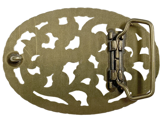Prairie Nights is a Filigreed Floral design in Brass that looks great on plain 1 1/2" Black or Brown belt. A easy to wear oval shape that&