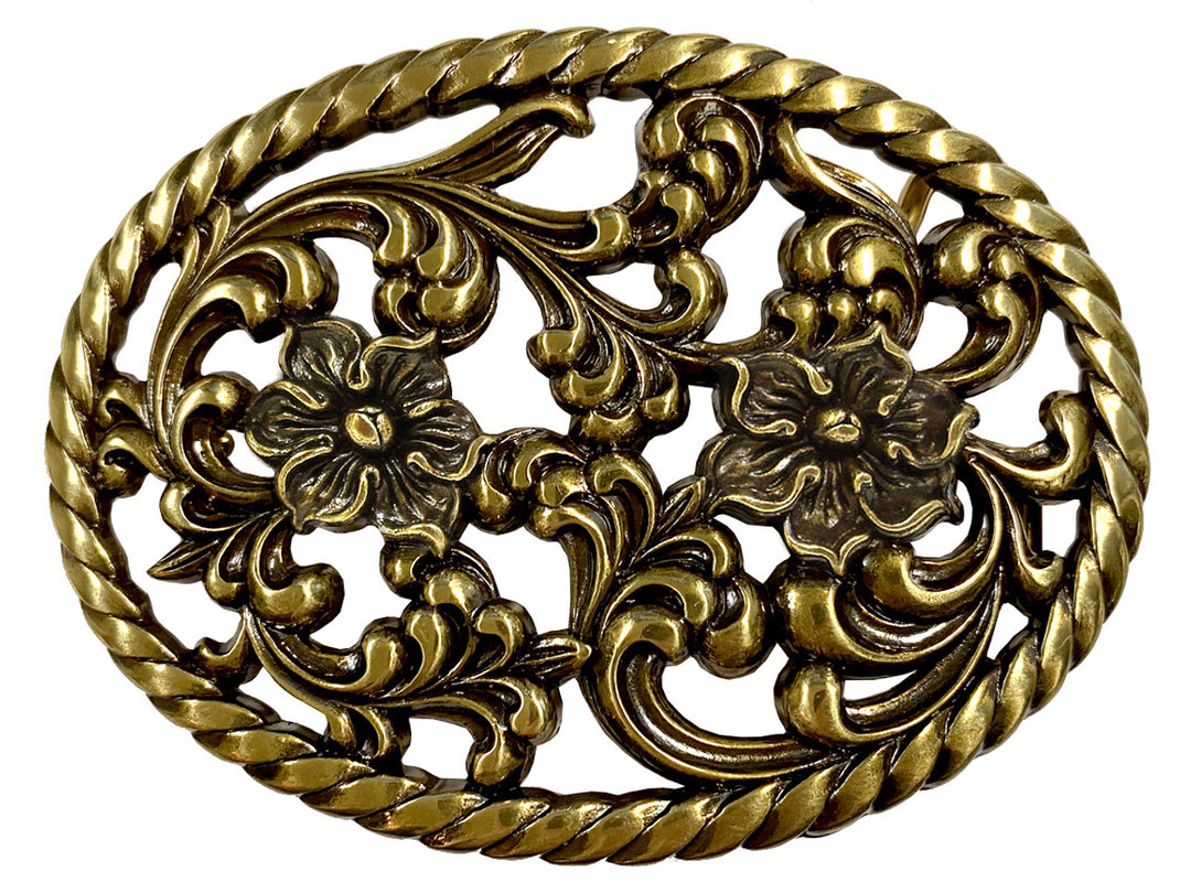 Prairie Nights is a Filigreed Floral design in Brass that looks great on plain 1 1/2" Black or Brown belt. A easy to wear oval shape that's not too big, measures approx. 3 7/8" wide by 2 1/2" tall. Imported